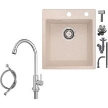 40×45cm Aufsatzwaschbecken Haferflockenfarbe Granitspüle mit Kaltwasser-Küchenarmatur Gebürsteter Hochdruck-Küchenhahn Höhe 273 mm