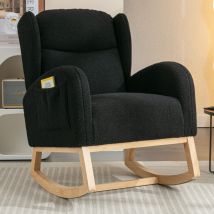 Modern Teddy Fabric Upholstered Rocking Chair Wingback Padded Seat For Living Room Bedroom, Black