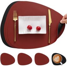4er Set Tischsets Leder und Untersetzer, Platzsets Abwischbar, Platzset Hitzebeständig Doppelseitigen - Rot