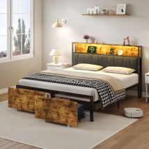 Abrihome - 4ft6 Double Bed Frame with 2 Storage Drawers, rgb led Storage Headboard with Charging Station, Metal Platform Bed Frame, No Box Spring