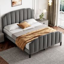 4ft6 Double Upholstered Bed Frame - Tufted Headboard, Velvet Platform Bed Frame with Solid Wood Slat and Mute Foam, Grey (No Mattress)