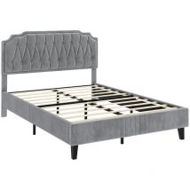 Yaheetech 4ft6 Double Upholstered Bed Frame with Button-Tufted Headboard, Light Gray