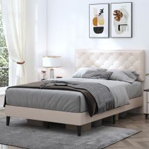 4ft6 Double Upholstered Velvet Bed Frame, with Adjustable Button-Tufted & Riveted Headboard, Velvet Bed Frame with Solid Wood Slat and Mute Foam,