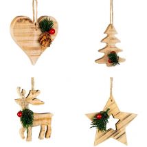 Shatchi - 4Pcs Wooden Craft Assorted Shapes - Heart,Tree,Star,Reindeer- Christmas Tree Hanging Decorations