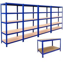 4x T-rax Lagerregal Regale Steckregal Lagerung Schwerlastregal Stahlregal Werkstatt 180cm X 90cm X 45cm Blau Höhenverstellbar & Q-rax Werkbank 