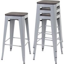 4x tabouret de bar HHG-766 avec siège en bois, chaise de comptoir, métal, design industriel, empilable, gris