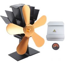Groofoo - 5 Blade Heat Powered Wood Stove Fan Silent Operation Fireplace Fan with Heat Insulation Board Thermometer Vertical i Style Gold