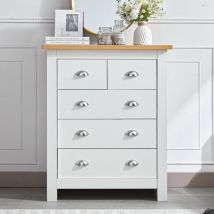 5-Drawer Dresser with Light Wood Top, White Bedroom Storage Chest, Silver Handles, W79cm