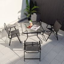 5 pcs Salon de Jardin Métal et Textilène 4 Chaises de Jardin Pliables Table Carrée en Verre Trempé Trou pour parasol Gris Noir Maison Chic