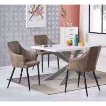 Duke lux Zarah Dining Set - un tavolo da pranzo in legno bianco e un set di 4 sedie da pranzo in pelle marrone chiaro - Sala da pranzo Cucina