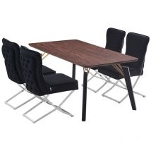 Life Interiors - Cosmo lux Trafalgar Dining Set - a Walnut Wooden Dining Table and Set of 4 Black Vevet Dining Chairs - Dining Room Kitchen