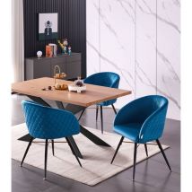 Life Interiors - Duke lux Vittorio Dining Set - an Oak Wooden Dining Table and Set of 4 Blue Velvet Dining Chairs - Dining Room Kitchen