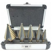 5-teiliges Bohrerset – Stufenbohrer mit professionellem Aluminiumgehäuse, Sechskantschaft, selbstzentrierender Auflage, für präzises Bohren in Stahl