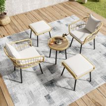 5-tlg. Gartenmöbel-set Mit 1 Tisch, 2 Stühlen Und 2 Hockern, Für 2 Bis 4 Personen, Rattan Und Stoff Weiß Natur