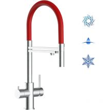 Vizio - 5 Wege Wasserhahn Edelstahl Massiv Kuechenarmatur mit Rot 360 schwenkbarem Auslauf und abnehmbare 2 strahl Handbrause - Edelstahl Gebuerstet