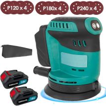 Teetok - 5-Zoll-Akku-Exzenterschleifer, 6 Geschwindigkeiten, Elektroauto-Holzschleifer, Staubbeutel, 12 Schleifscheiben, 2x 3.0-A-Akku + Ladegerät,