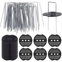 50 de Lot piquets d'ancrage au sol et disques tampons, piquets anti-rouille en acier, clous en forme de u pour fixation de films, gazon artificiel,