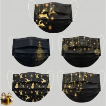 50 Pièces Adulte Masque Noël Tissu Non-tissé Protection Faciale Jetable Antipoussière Convient pour Noël et les Voyages Quotidiens Mode Noir