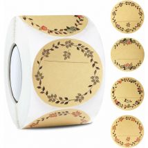 (500pcs Brown) Etiquettes rondes Kraft autocollantes fleurs et feuilles Etiquettes pour confiture 5cm Etiquettes autocollantes en papier Kraft