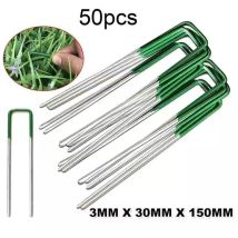 50pcs Gazon Insérez L'extérieur Gazon Artificiel Pelouse Universel Jardin Piquets en Forme u Forte Buste Fixation en Acier Galvanisé Moitié Vert avec