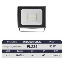 50W Kosoom led Faretto da esterno 187.2x144.2x34.8mm FL234X10PC、Impermeabile IP65、4800lm