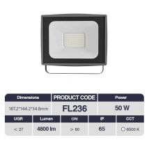 50W Kosoom led Faretto da esterno 187.2x144.2x34.8mm FL236X10PC、Impermeabile IP65、4800lm