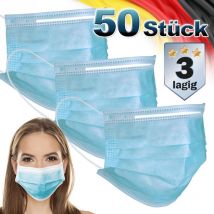 50 Pièces Masque Facial Jetable avec 3 couches -Masque de Protection Bleu pour Adultes - avec Boucles d'Oreilles et Pince-nez - Masque de Protection