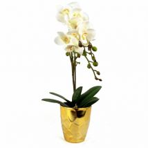 Leaf - 54cm Artificial Orchid Plant - White with Gold Pot
