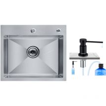 Cecipa - Single Bowl Küchenspüle, Küchenspüle 50 x 45 x 18,5 cm, quadratisch, gebürsteter Edelstahl, Küchenspüle + schwarzer Seifenspender
