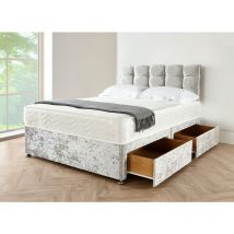 5FT Silver crushed velvet Divan Bed with mattress, Cube hb and 4 drawers