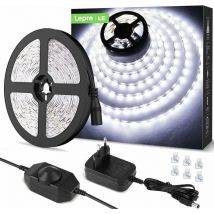 Mezheng - 5M led 1200LM Kaltweiß Dimmbar, 12V 6000K 300LEDs 2835, Selbstklebender LED-Streifen mit Dimmer, Anschlüssen + Transformator,