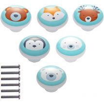 6 boutons d'armoire en céramique, boutons d'armoire en céramique avec vis, bouton de poignées de meubles à motif animal de dessin animé, pour
