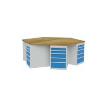 Bedrunka+hirth - 6-Eck-Werkbank, Tiefe 736, r 18-24, Schubladenanzahl je Schrank: 5 Maße in mm (BxTxH): 2500 x 2165 x 859