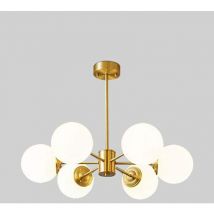 6 Lights Glass Sputnik Chandelier Lighting Gold Satin Brass Modern Pendant Lights White Globe Shade Pendant Hanging Light Fixtures for Bedroom Living