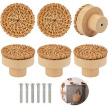6 Pièces Boutons de Meuble en Rotin Bois, Poignée Meuble Bois, Bouton de Tiroir, Boutons de Portes pour Placards