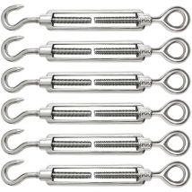 Ahlsen - 6 Pièces Tendeur Cable M6 Tendeur Cable Inox 304 Réglable Crochet de Ridoir et Oeil pour Tendeur de Fil Cable Acier Corde Crochet Tendeur