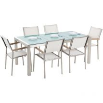 6 Seater Garden Dining Cracked Ice Glass Top White Chairs Grosseto - White