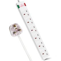 Extrastar - 6 Way Socket with Cable 1M, White, with Power Indicator, Child-Resistant Sockets, Surge Indicator