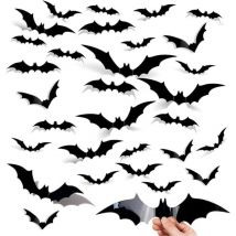 60 Pieces Halloween Decoration 3D Bat Wall Stickers, PVC Waterproof, Scary, Removable DIY Halloween Decoration for Windows (4 Different Sizes) (Black)