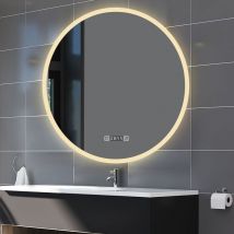 80x80cm Horloge Miroir Rond de Salle de Bain led Tricolore Anti-Buée - Biubiubath