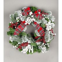 60cm B/O Pre lit Frosted /Tartan Ribbon Wreath with 50 WW LEDs