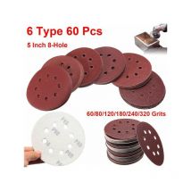 60Pcs Disques de Ponçage en Papier 125mm Grit 60-320 avec 8 Trous - Idéal pour Polissage