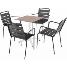 Tisch 60x60 cm kippbar helle Eiche und 4 Stühle aus grauem Metall