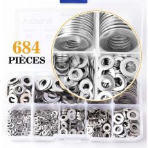 684PCS Rondelles Plates en 304 Acier Inoxydable Assortiment,M2 M2.5 M3 M4 M5 M6 M8 M10 M12 Rondelle Plate pour L'étanchéité des Vis Bagues