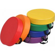 6er Set Kinder Stuhlkissen, Bodenkissen mit Griff, Sitzkissen aus Kunstleder & Schaumstoff,Pflegeleicht, Rund, Stapelbar für Leichtes Verstauen, bunt