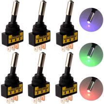 Tigrezy - 6pcs 12V-24V 20A 3 Broches Voiture Moto Interrupteur Inverseur à Bascule Levier avec Lumière LED(Rouge/Bleu/Vert,Chaque 2pcs)