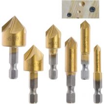 6pcs hss Fraise à chanfreiner 90 degrés 5 Flûte Fraises à chanfreiner Trou tailleur Titane revêtu Fraise à chanfreiner 1/4'Foret à bois queue