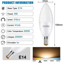 6W led Candle Bulb E14,3000K, Warm White