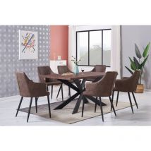 Duke lux Zarah Dining Set - un tavolo da pranzo in legno di noce e un set di 6 sedie da pranzo in pelle marrone scuro - Sala da pranzo Cucina