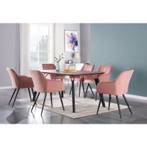 Cosmo lux Camden Dining Set - a Walnut Wooden Dining Table and Set of 6 Pink Velvet Dining Chairs - Dining Room Kitchen